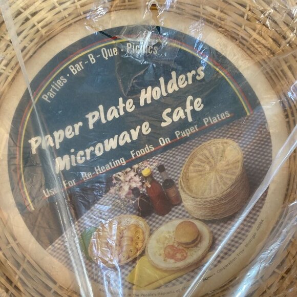 8 Vintage Boho Wicker Rattan Bamboo Paper Plate Holder Camping Picnic Party NOS - Picture 6 of 7